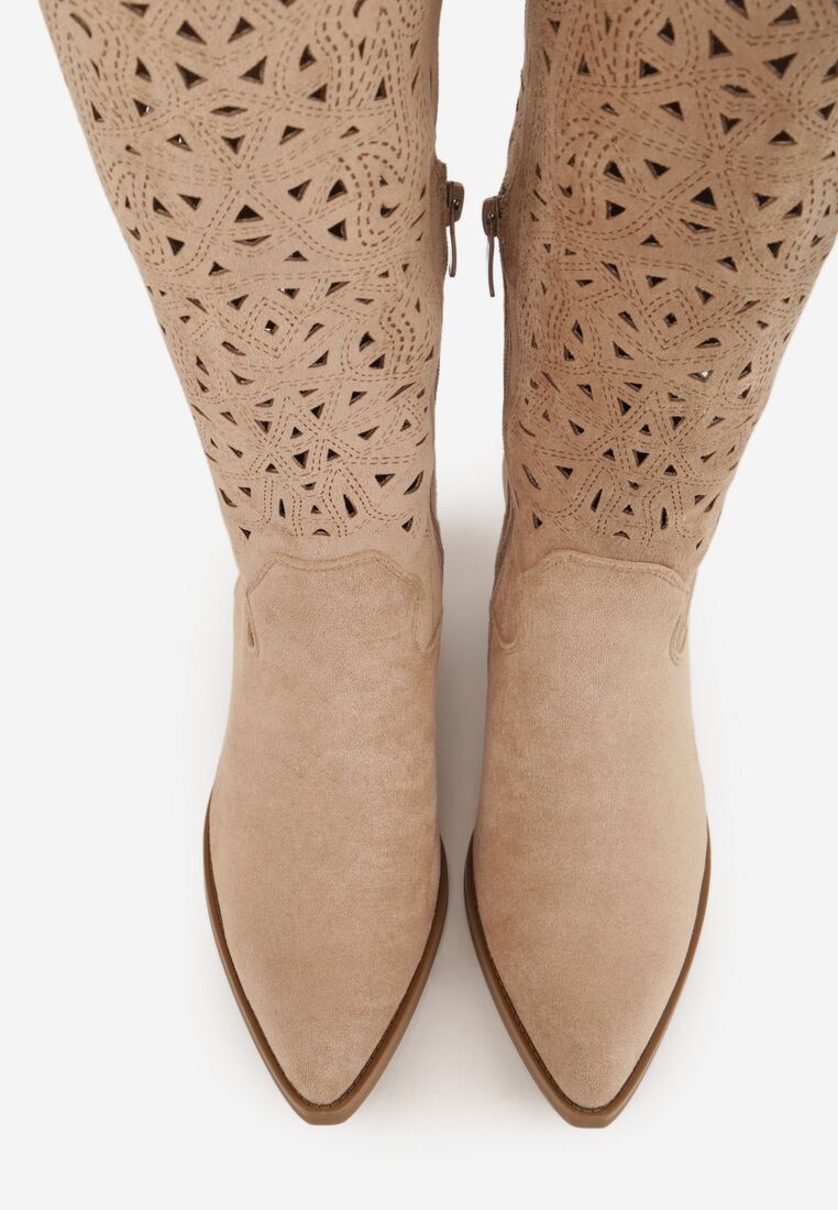 Beżowe Kozaki Kowbojki na Stożku z Ażurową Cholewką Uria 6