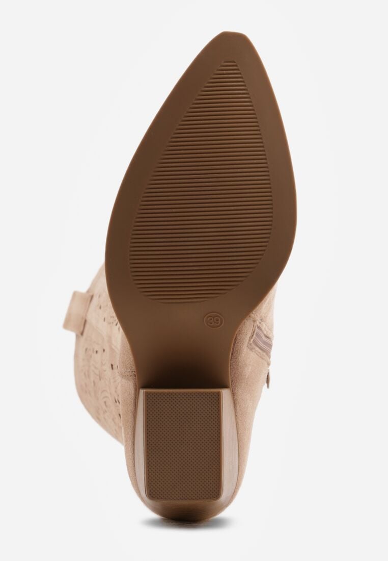 Beżowe Kozaki Kowbojki na Stożku z Ażurową Cholewką Uria 7