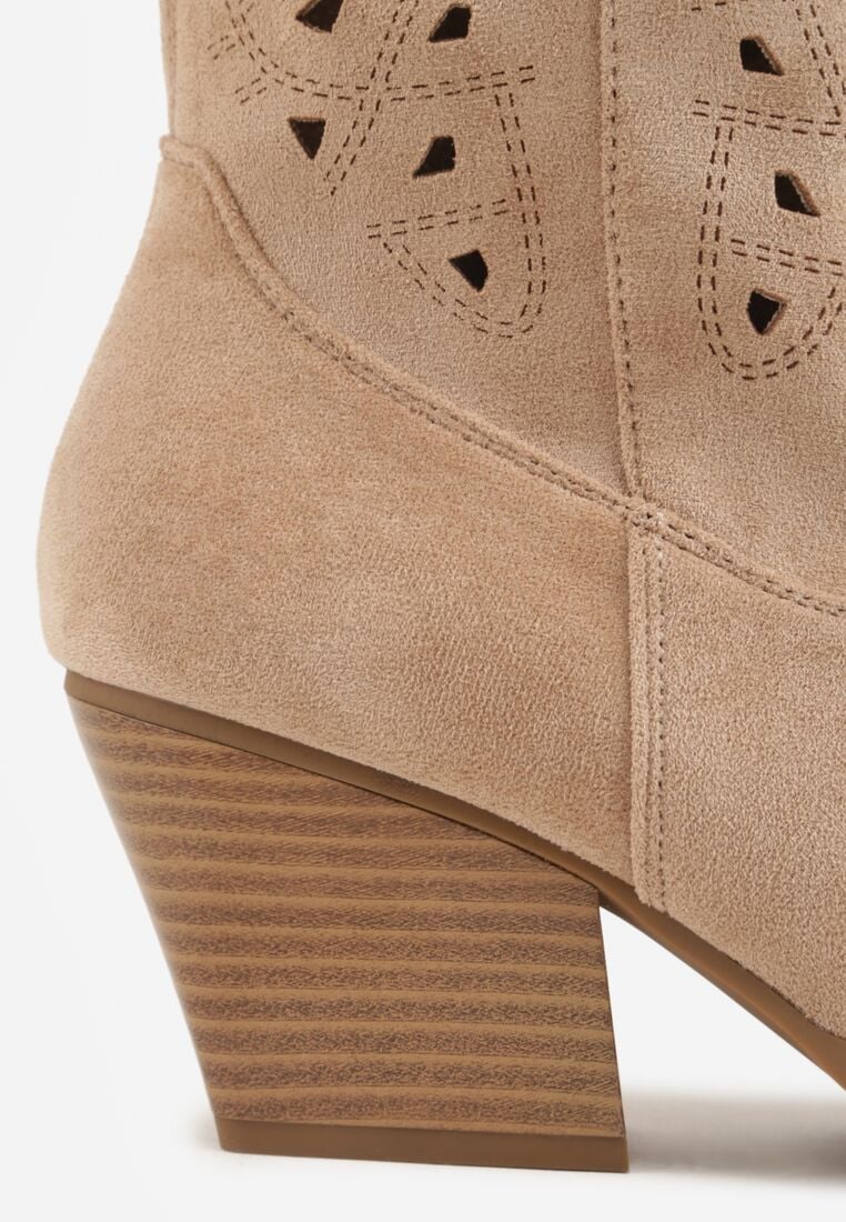 Beżowe Kozaki Kowbojki na Stożku z Ażurową Cholewką Uria 8