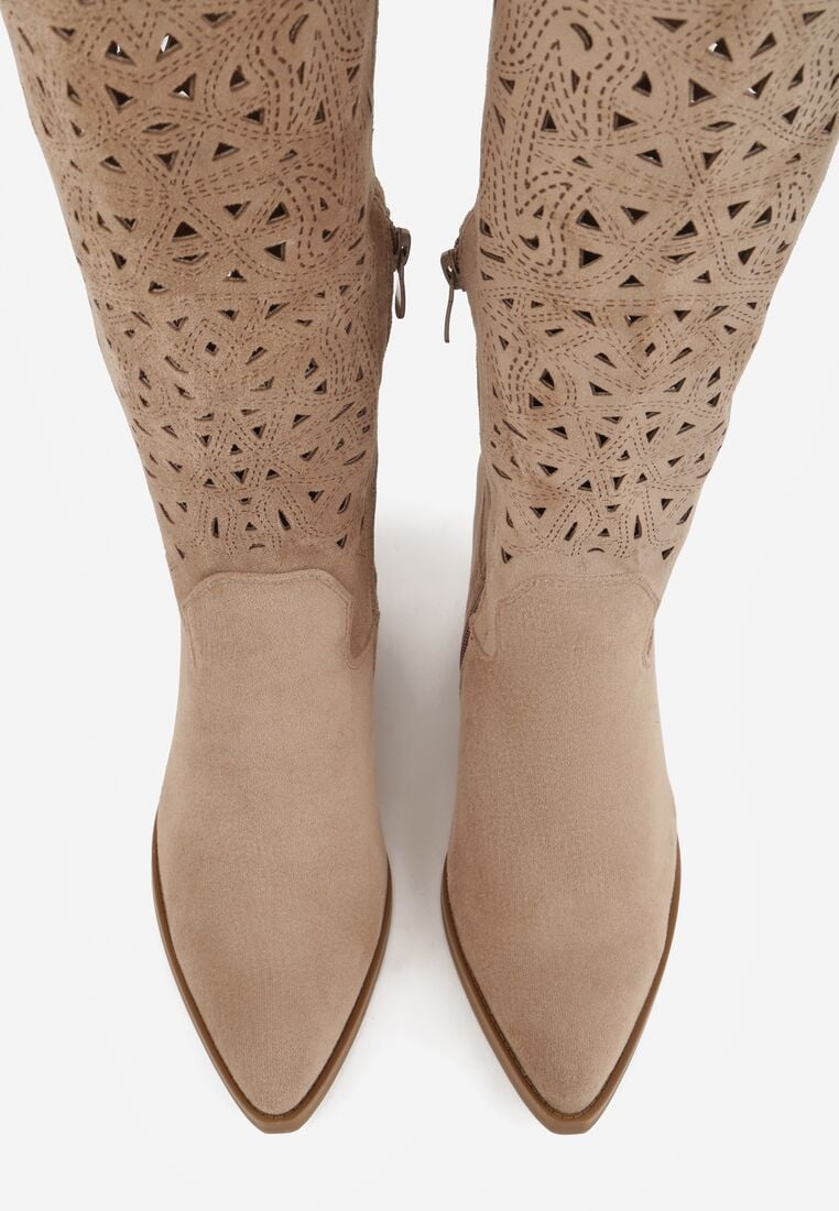 Ciemnobeżowe Kozaki Kowbojki na Stożku z Ażurową Cholewką Uria 6