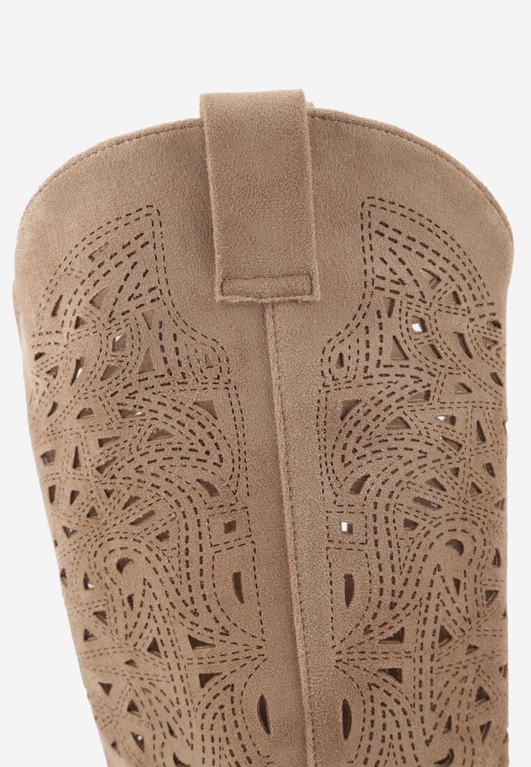 Ciemnobeżowe Kozaki Kowbojki na Stożku z Ażurową Cholewką Uria 8