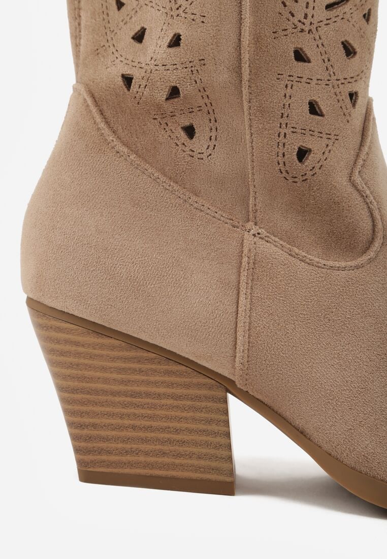 Ciemnobeżowe Kozaki Kowbojki na Stożku z Ażurową Cholewką Uria 9