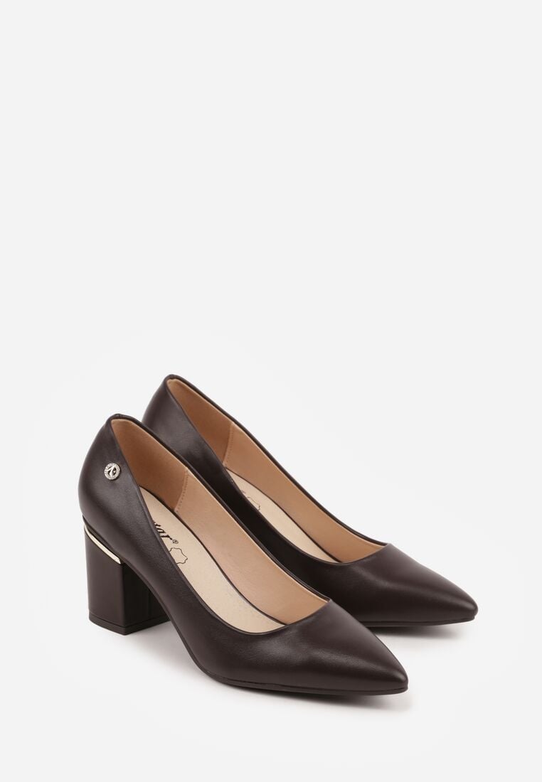 Brązowe Klasyczne Czółenka na Słupku ze Skórzaną Wkładką i Metaliczną Ozdobą Bralita 5