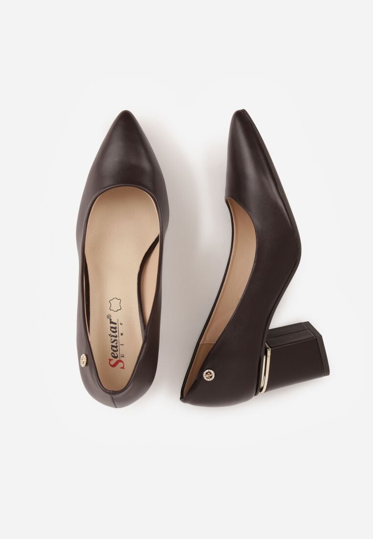 Brązowe Klasyczne Czółenka na Słupku ze Skórzaną Wkładką i Metaliczną Ozdobą Bralita 6