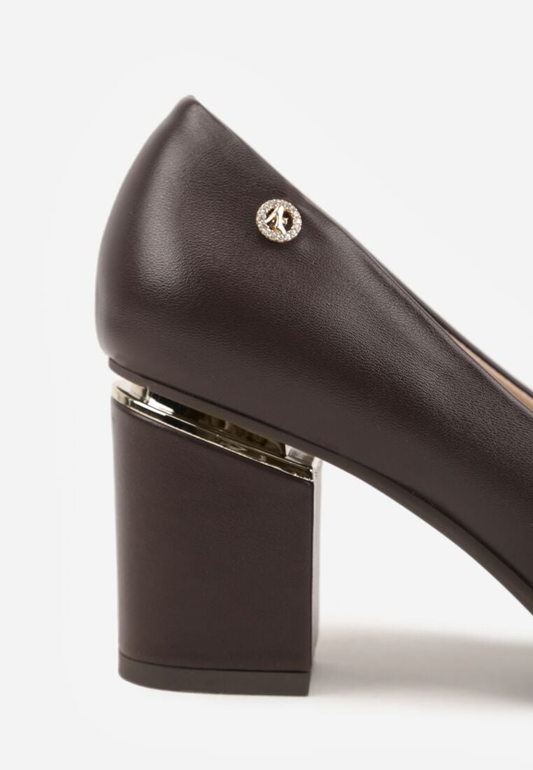 Brązowe Klasyczne Czółenka na Słupku ze Skórzaną Wkładką i Metaliczną Ozdobą Bralita 9