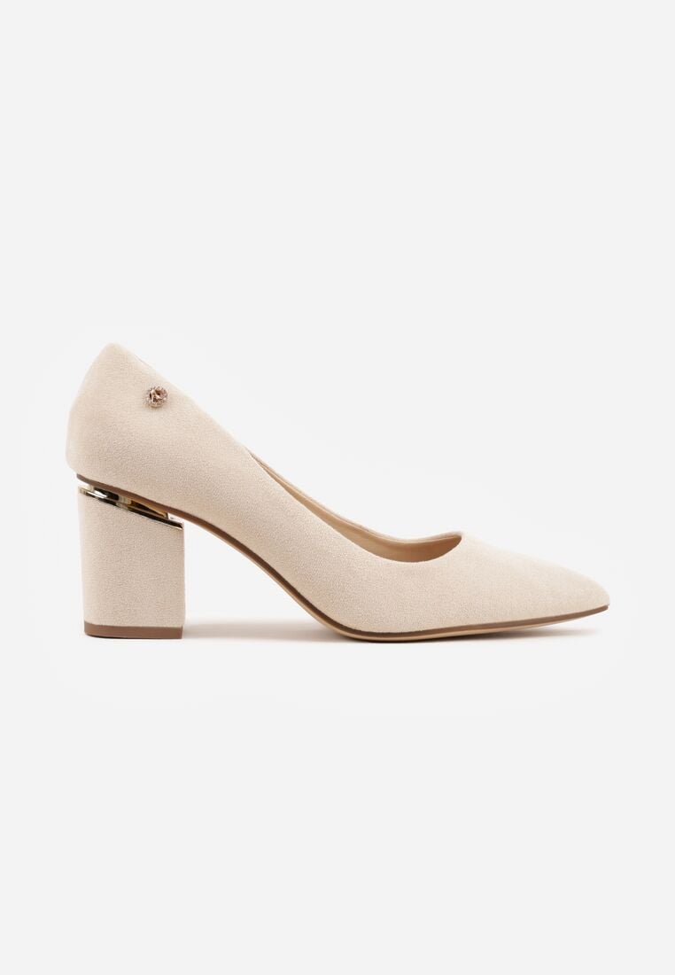 Beżowe Czółenka na Obcasie ze Skórzaną Wkładką i Metaliczną Wstawką Rasmone 4