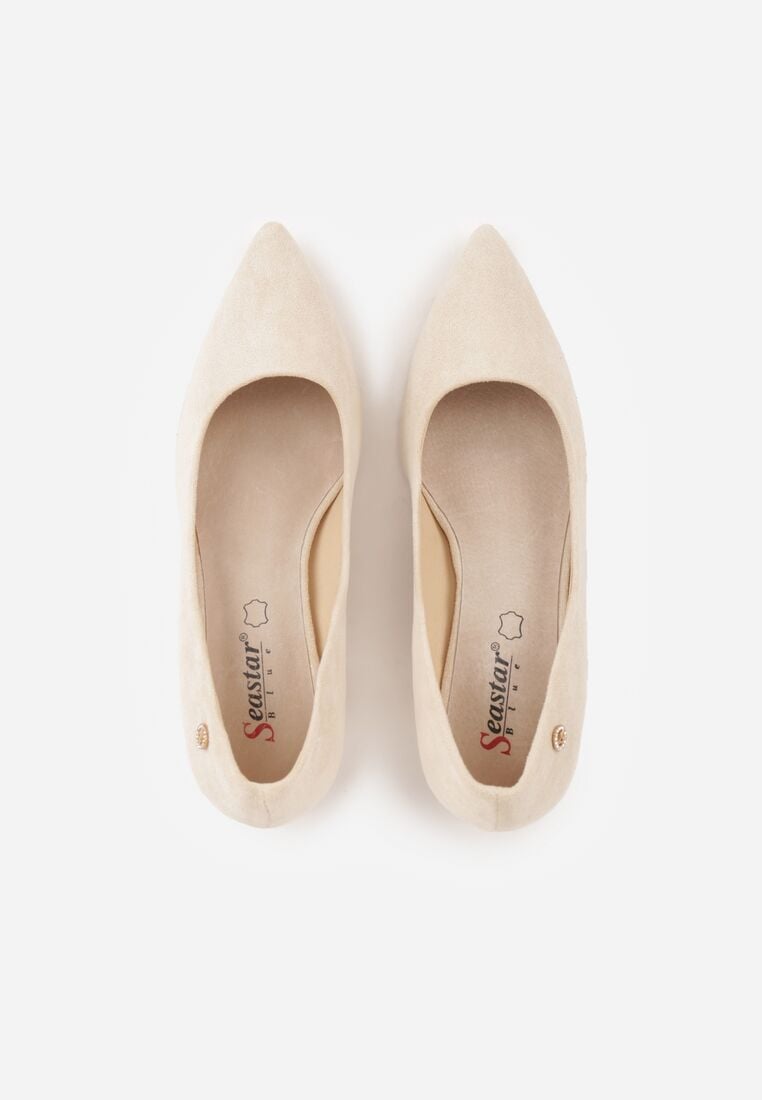 Beżowe Czółenka na Obcasie ze Skórzaną Wkładką i Metaliczną Wstawką Rasmone 6