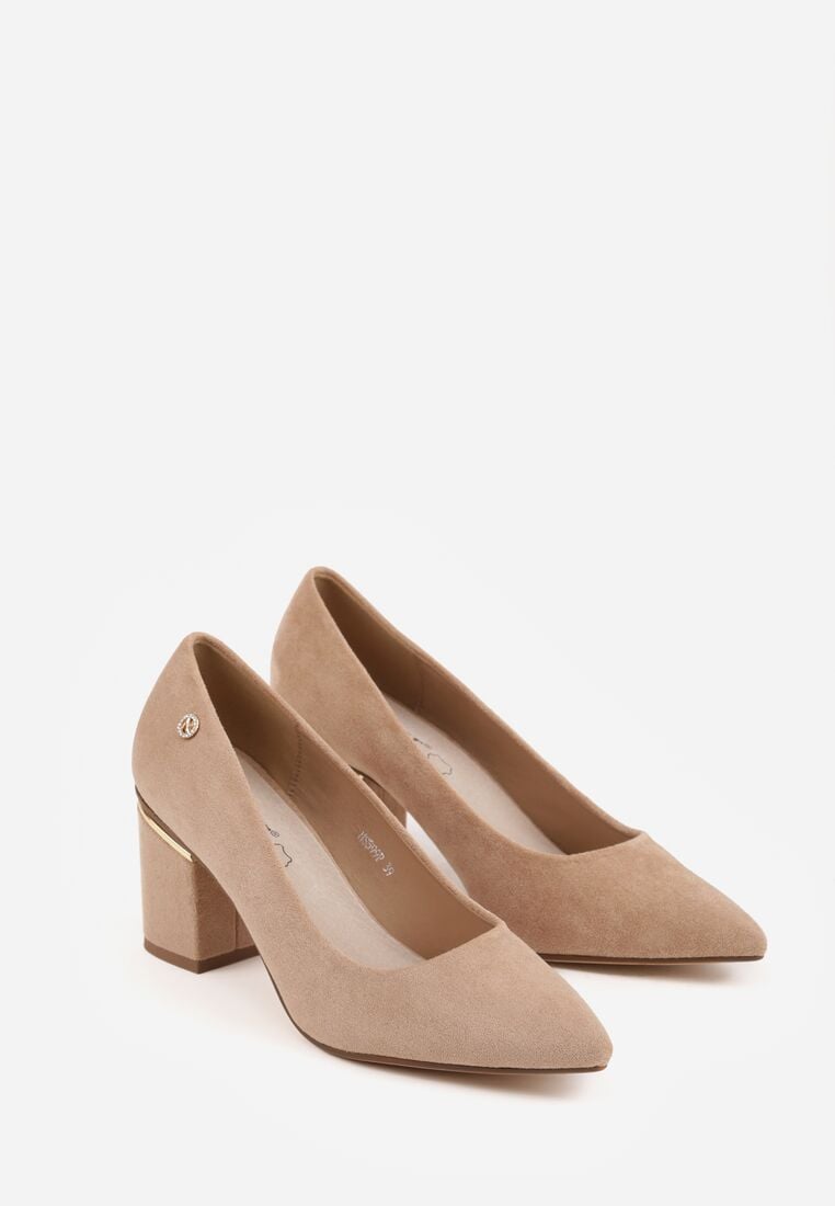 Ciemnobeżowe Czółenka na Obcasie ze Skórzaną Wkładką i Metaliczną Wstawką Rasmone 5