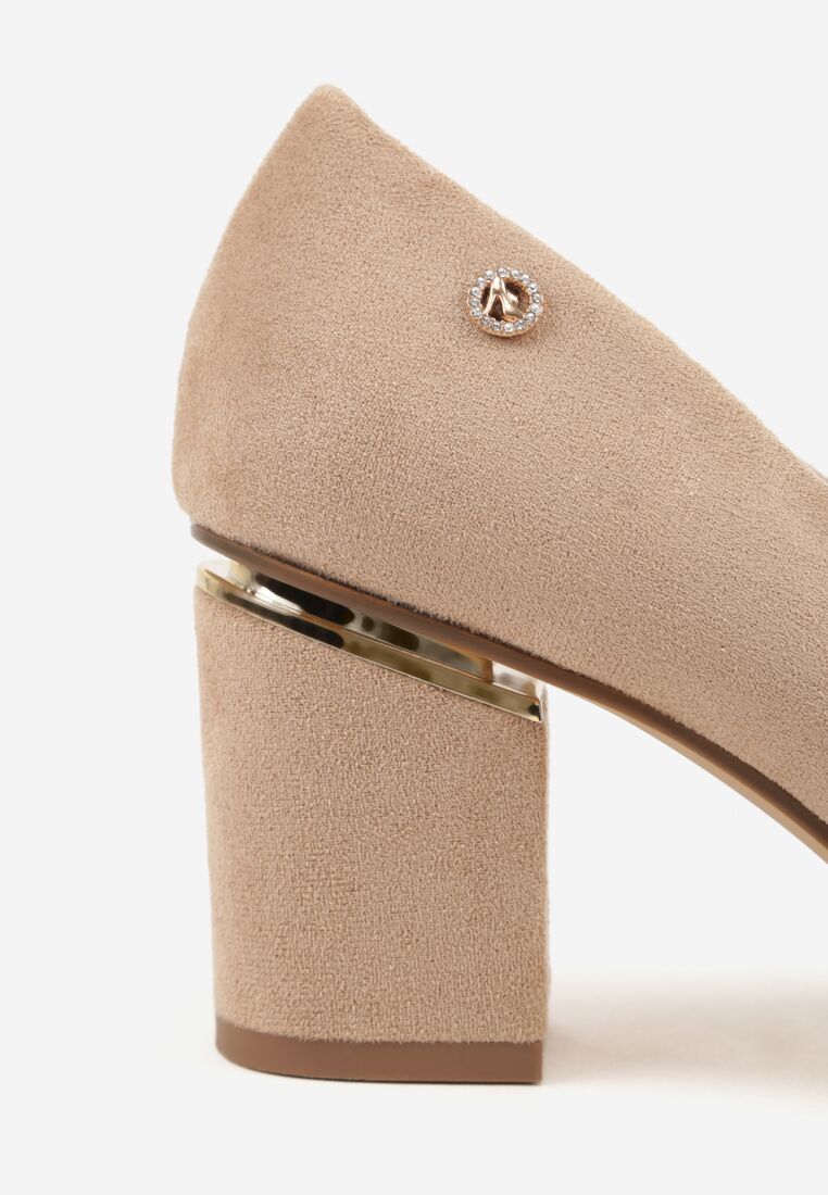 Ciemnobeżowe Czółenka na Obcasie ze Skórzaną Wkładką i Metaliczną Wstawką Rasmone 9