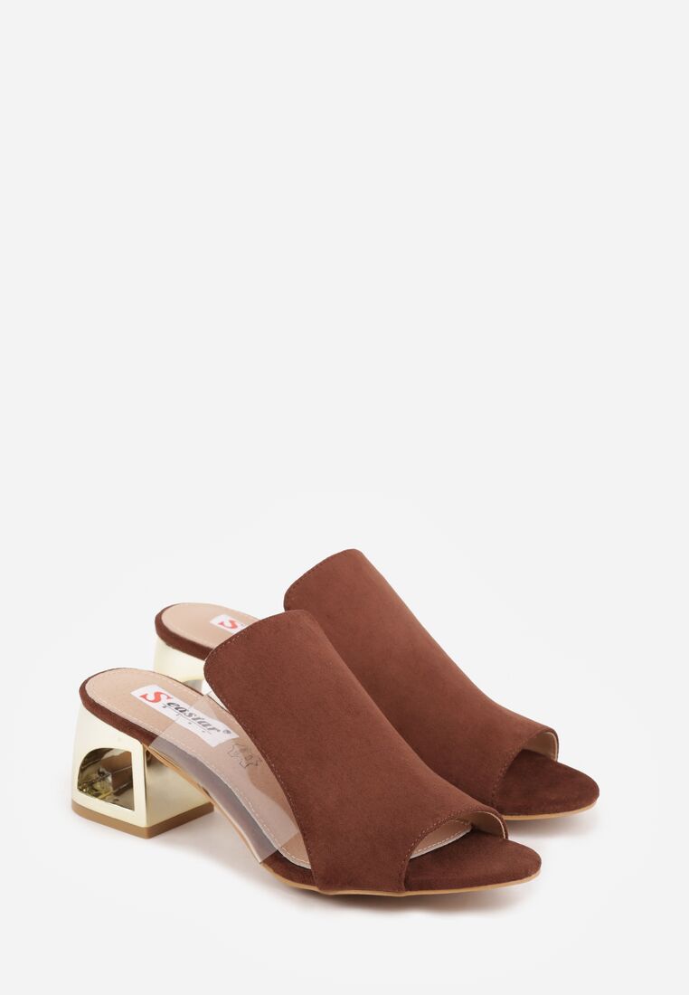 Brązowe Klapki na Niskim Słupku ze Skórzaną Wkładką i Transparentnymi Wstawkami Neya 5