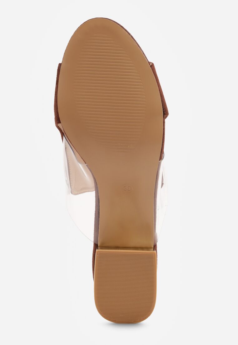 Brązowe Klapki na Niskim Słupku ze Skórzaną Wkładką i Transparentnymi Wstawkami Neya 7