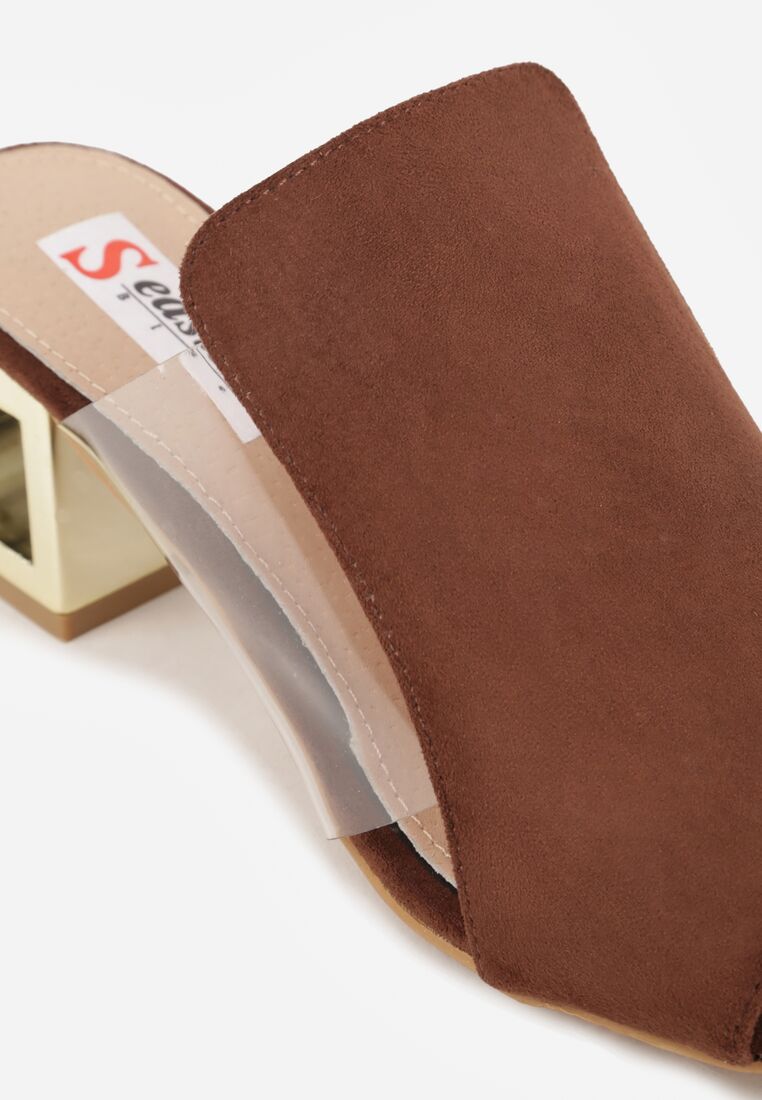 Brązowe Klapki na Niskim Słupku ze Skórzaną Wkładką i Transparentnymi Wstawkami Neya 8