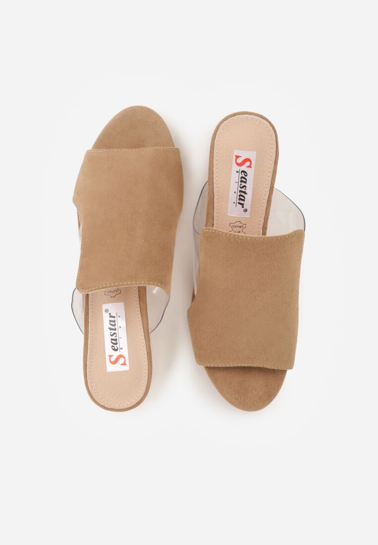 Ciemnobeżowe Klapki na Niskim Słupku ze Skórzaną Wkładką i Transparentnymi Wstawkami Neya 6