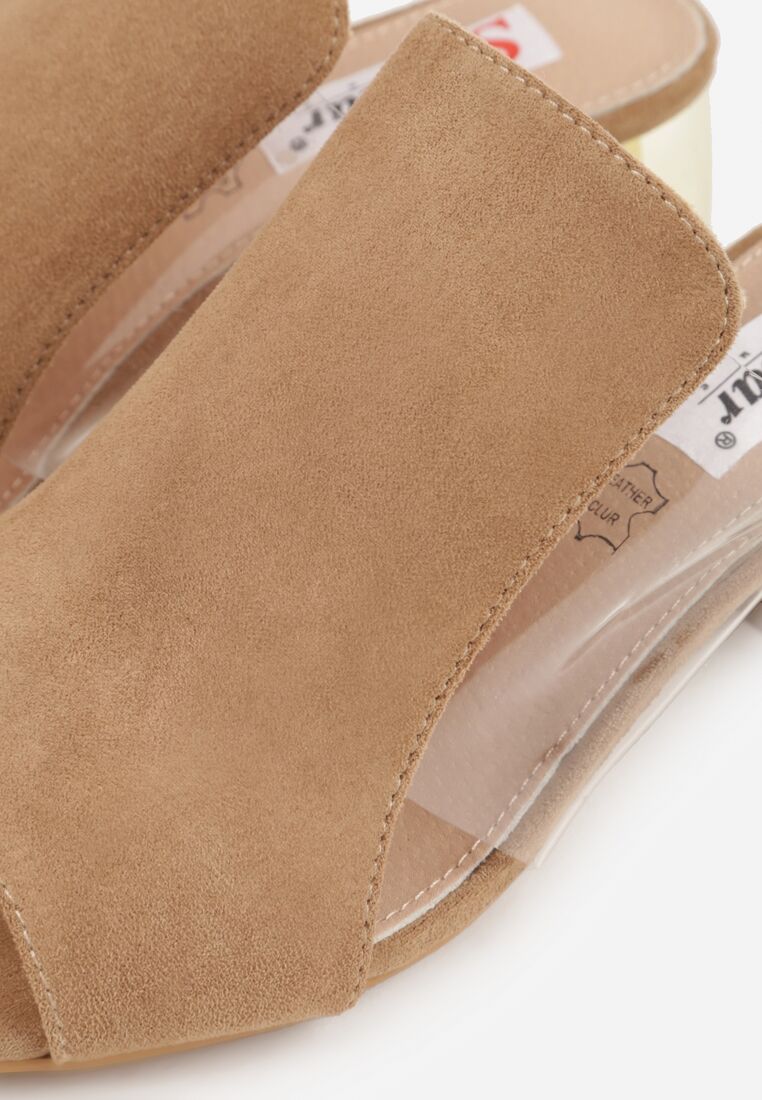 Ciemnobeżowe Klapki na Niskim Słupku ze Skórzaną Wkładką i Transparentnymi Wstawkami Neya 8