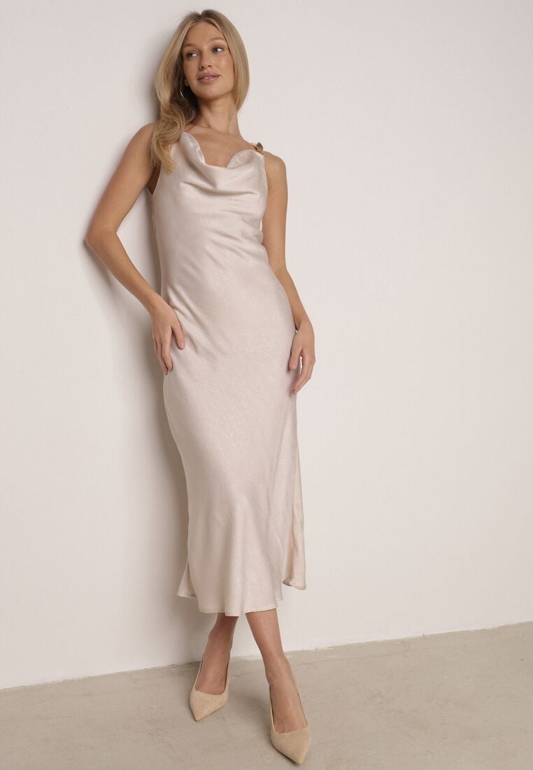 Beżowa Satynowa Sukienka na Ozdobnych Ramiączkach z Dekoltem Woda Avalentara 2