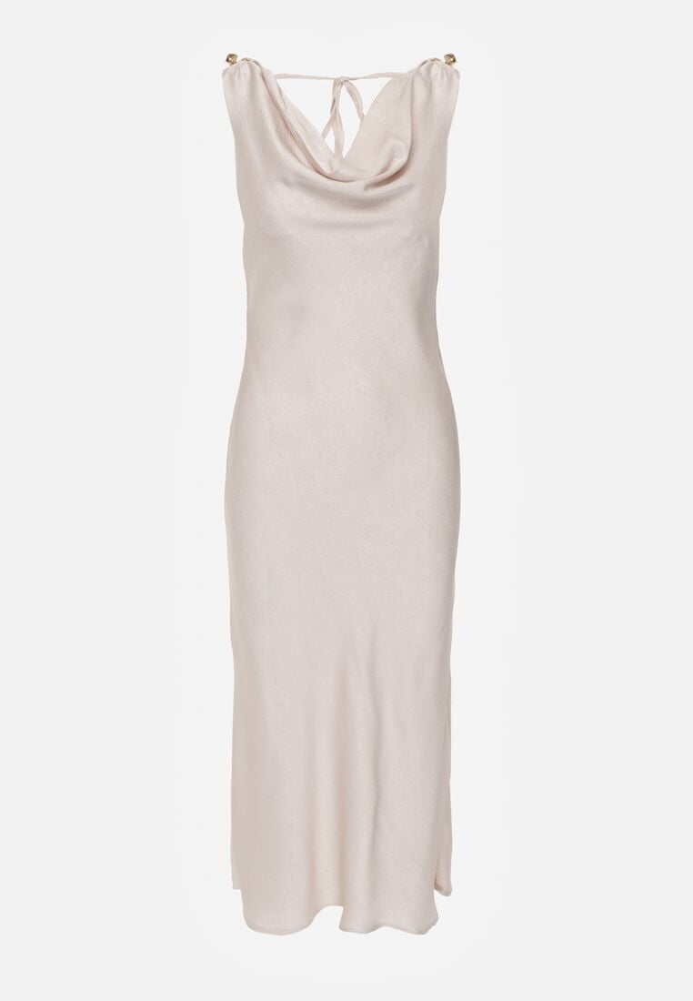 Beżowa Satynowa Sukienka na Ozdobnych Ramiączkach z Dekoltem Woda Avalentara 6