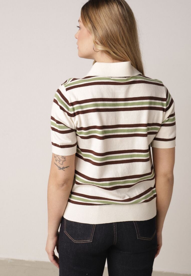 Zielono-Kremowy T-shirt Typu Polo z Wiskozą Ozdobiony Guzikami i Paskami Esefia 3