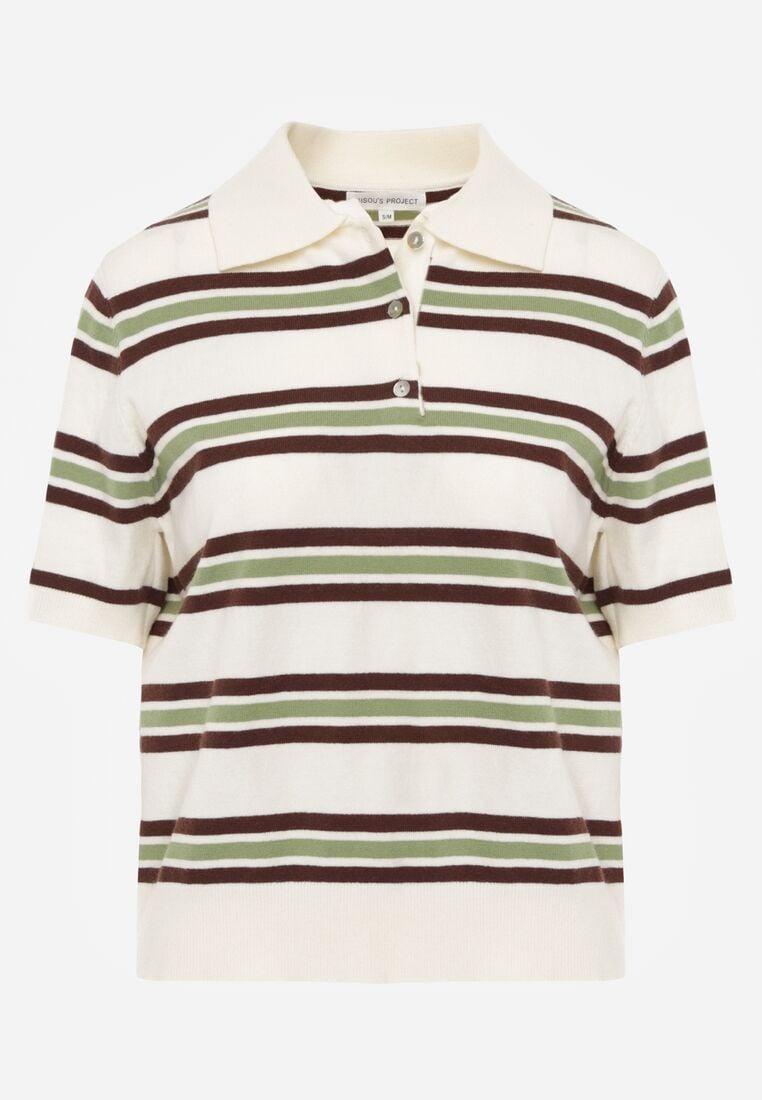 Zielono-Kremowy T-shirt Typu Polo z Wiskozą Ozdobiony Guzikami i Paskami Esefia 6