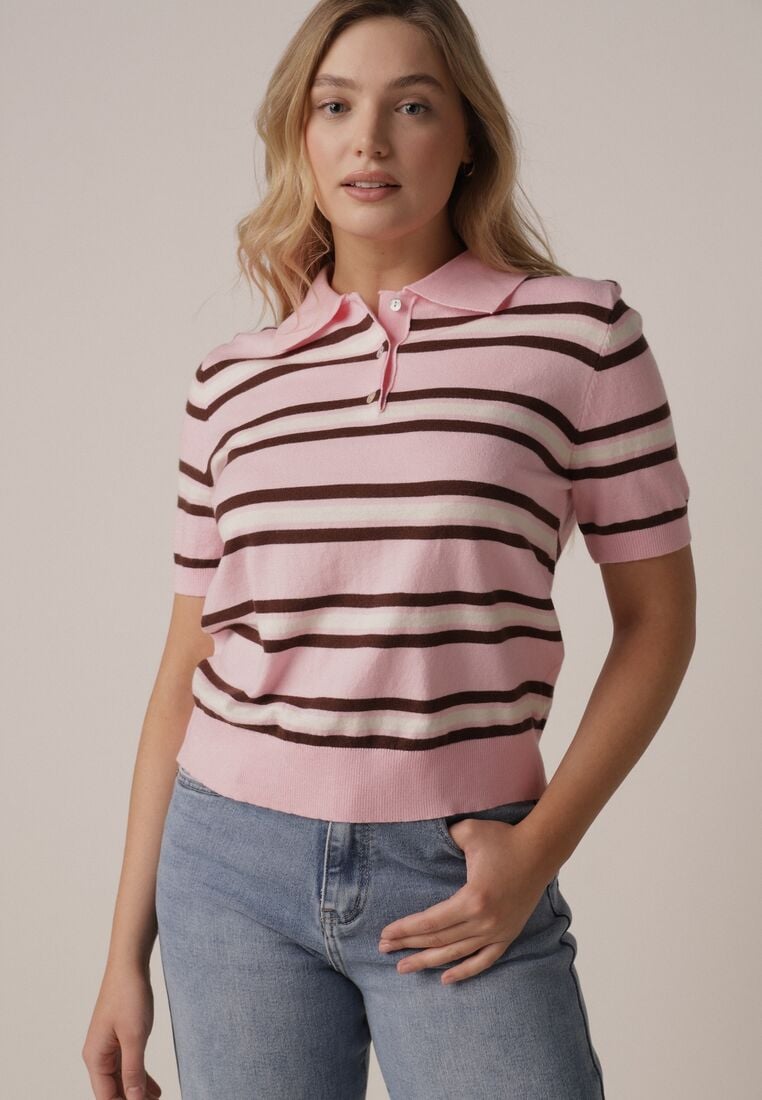 Różowy T-shirt Typu Polo z Wiskozą Ozdobiony Guzikami i Paskami Esefia 4