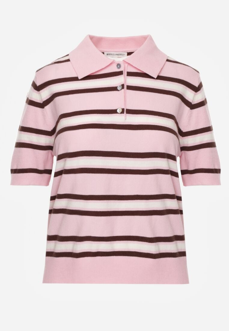 Różowy T-shirt Typu Polo z Wiskozą Ozdobiony Guzikami i Paskami Esefia 6