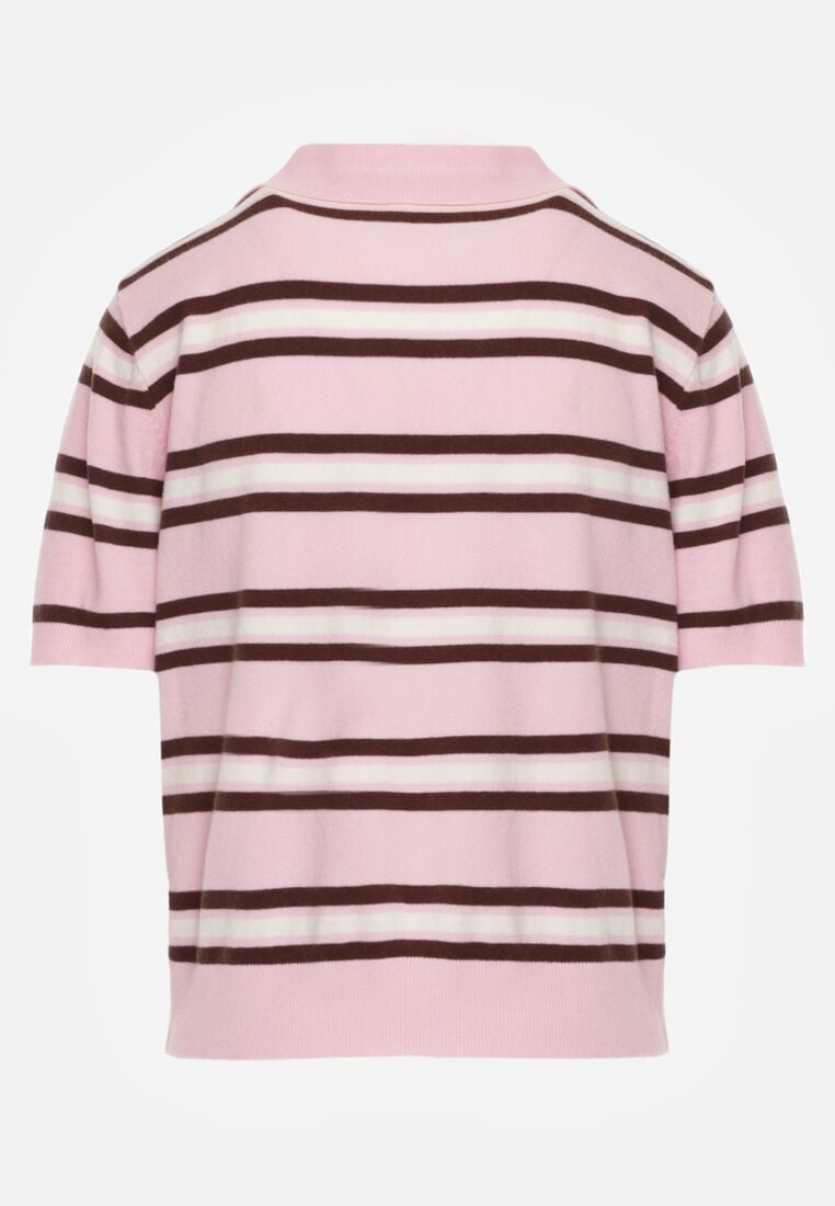 Różowy T-shirt Typu Polo z Wiskozą Ozdobiony Guzikami i Paskami Esefia 7