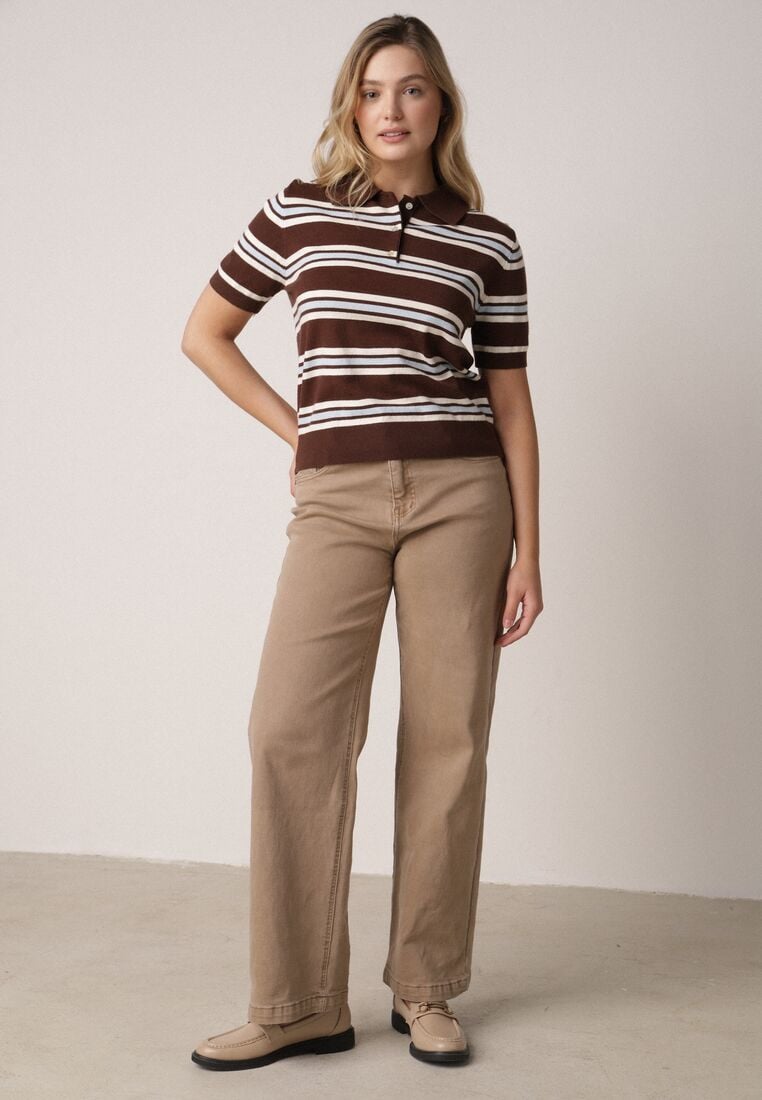 Brązowy T-shirt Typu Polo z Wiskozą Ozdobiony Guzikami i Paskami Esefia 2