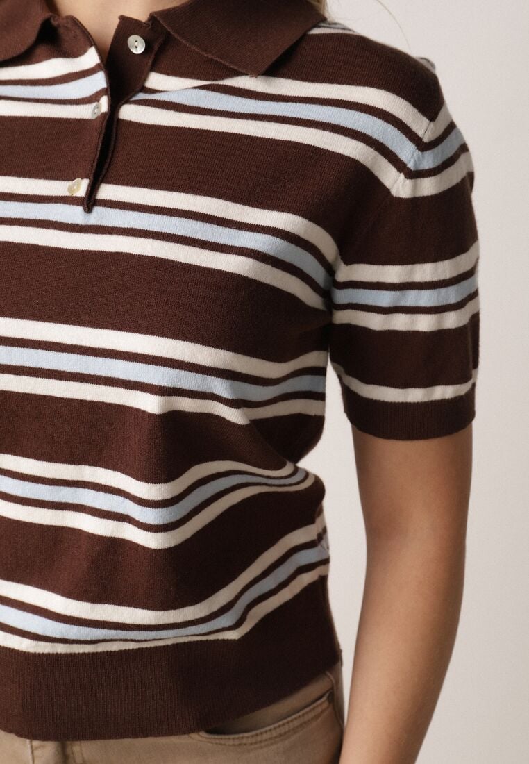 Brązowy T-shirt Typu Polo z Wiskozą Ozdobiony Guzikami i Paskami Esefia 5