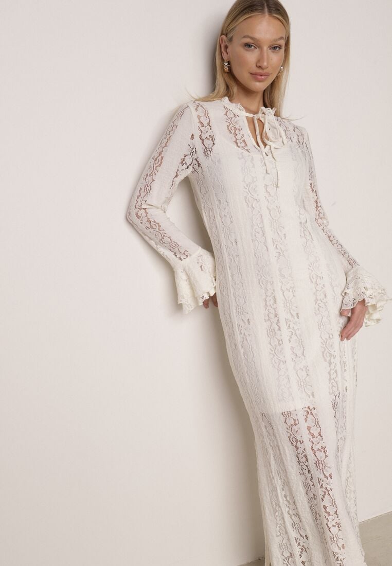 Beżowa Koronkowa Sukienka o Taliowanym Kroju z Wiązaniem przy Dekolcie Nevellirae 1