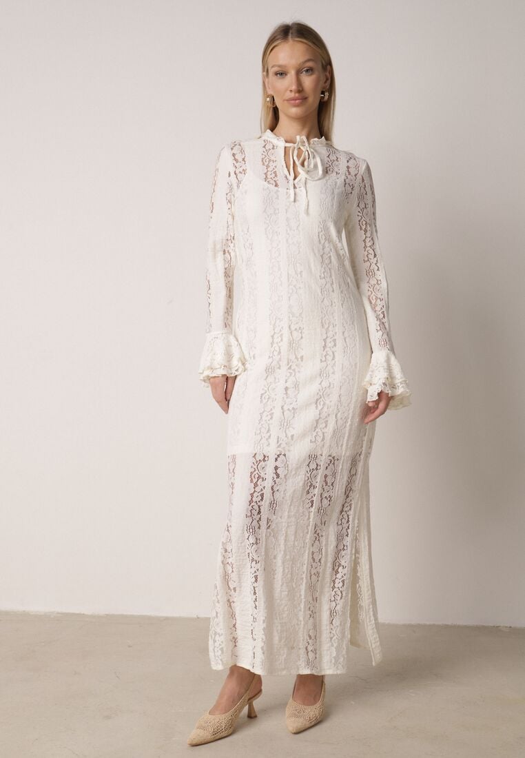 Beżowa Koronkowa Sukienka o Taliowanym Kroju z Wiązaniem przy Dekolcie Nevellirae 2