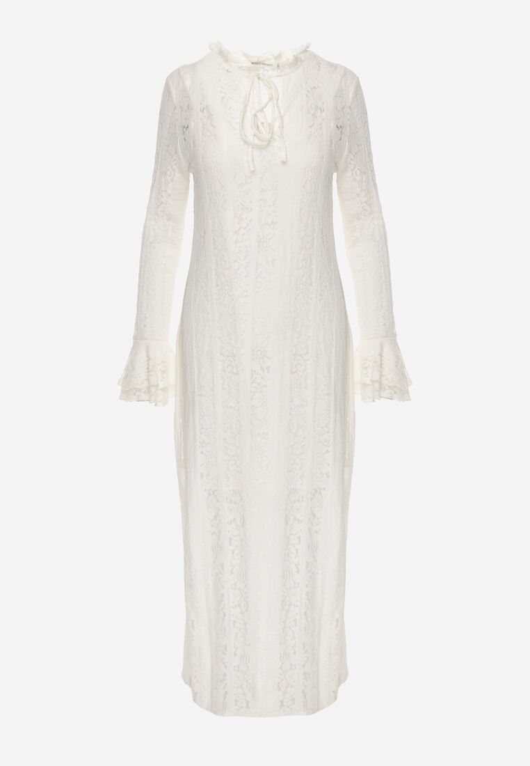 Beżowa Koronkowa Sukienka o Taliowanym Kroju z Wiązaniem przy Dekolcie Nevellirae 6