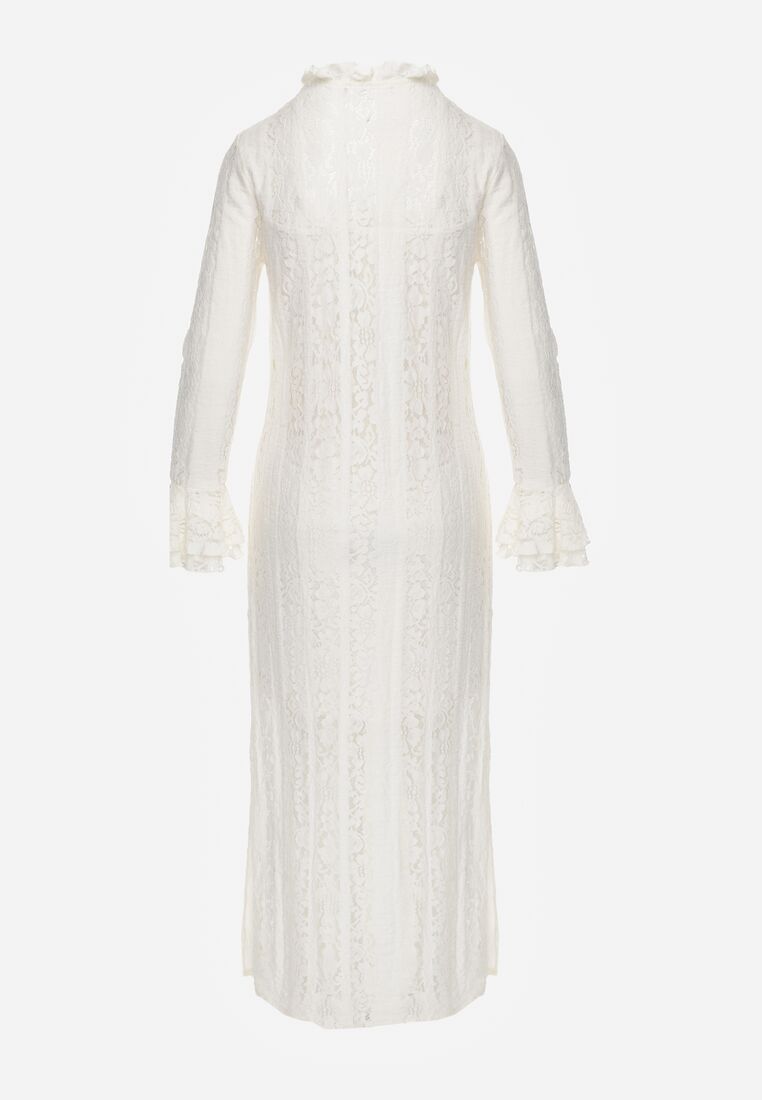 Beżowa Koronkowa Sukienka o Taliowanym Kroju z Wiązaniem przy Dekolcie Nevellirae 7