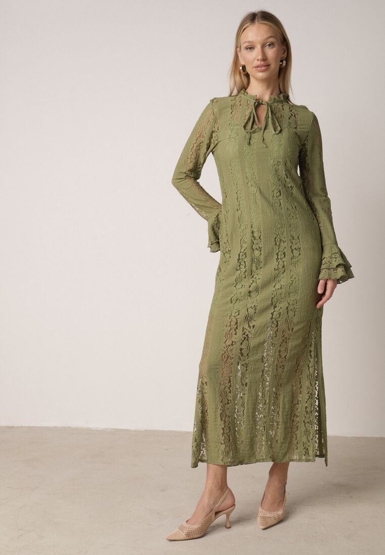 Zielona Koronkowa Sukienka o Taliowanym Kroju z Wiązaniem przy Dekolcie Nevellirae 2