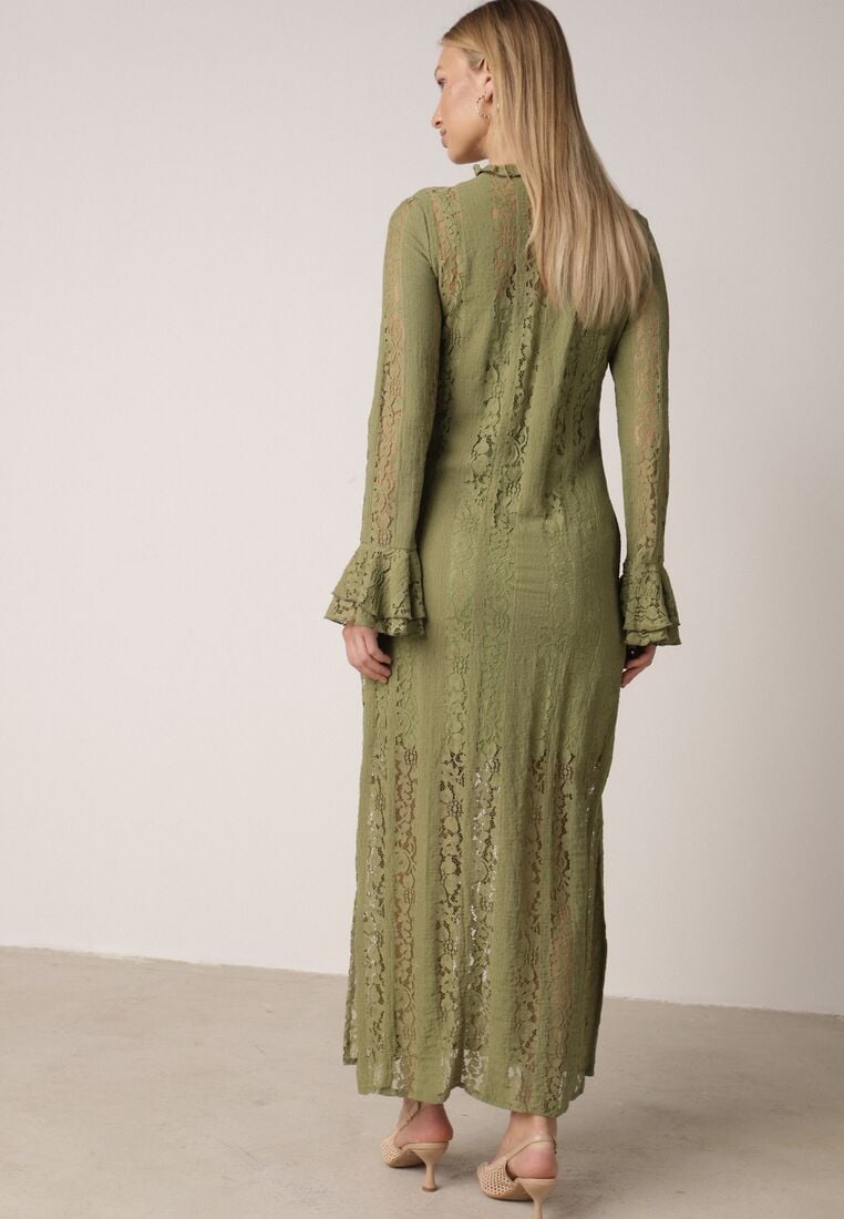 Zielona Koronkowa Sukienka o Taliowanym Kroju z Wiązaniem przy Dekolcie Nevellirae 3