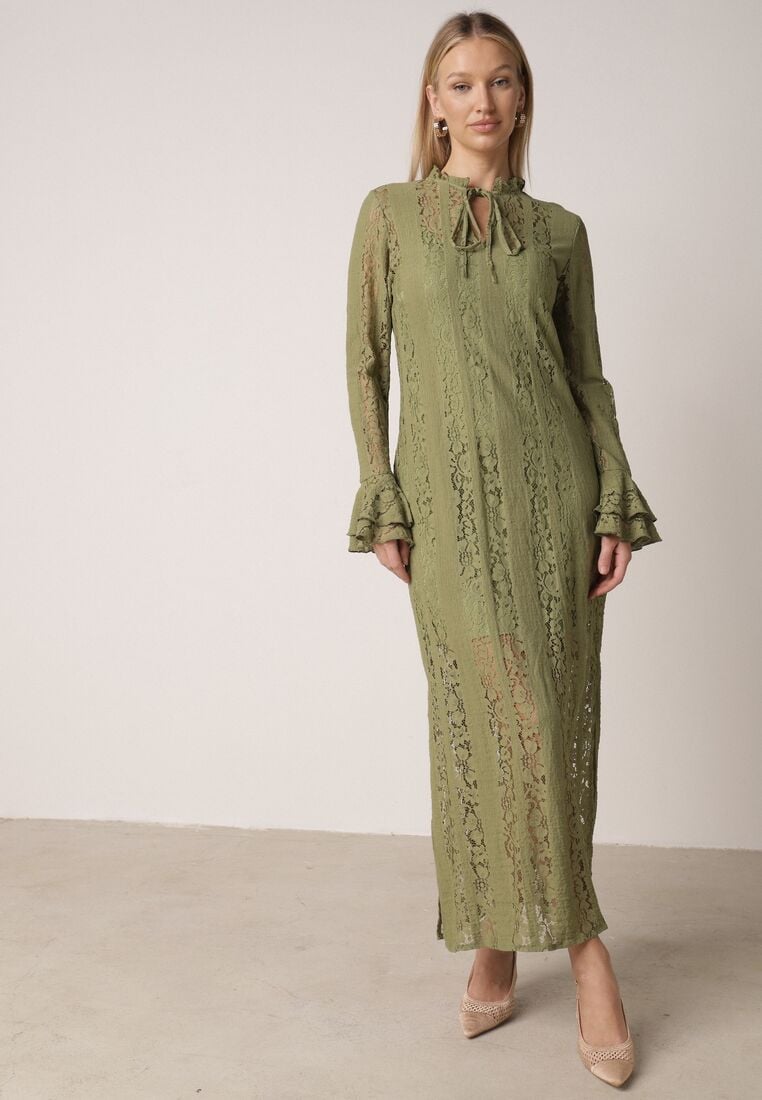 Zielona Koronkowa Sukienka o Taliowanym Kroju z Wiązaniem przy Dekolcie Nevellirae 4