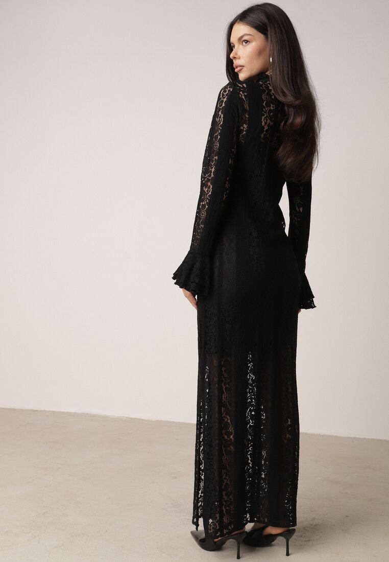 Czarna Koronkowa Sukienka o Taliowanym Kroju z Wiązaniem przy Dekolcie Nevellirae 3