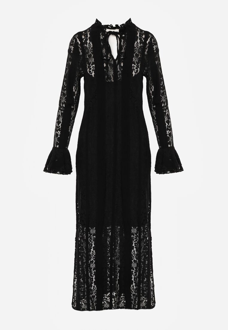 Czarna Koronkowa Sukienka o Taliowanym Kroju z Wiązaniem przy Dekolcie Nevellirae 6