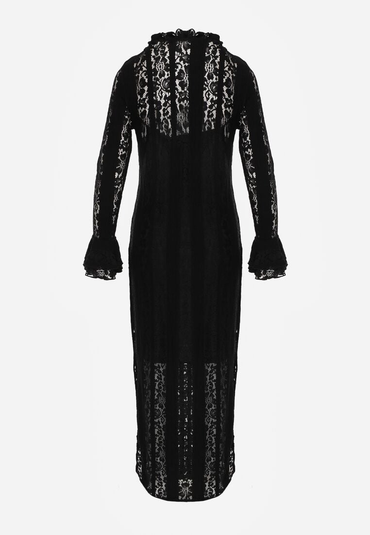 Czarna Koronkowa Sukienka o Taliowanym Kroju z Wiązaniem przy Dekolcie Nevellirae 7