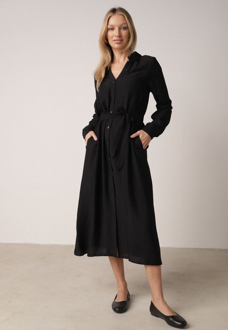 Czarna Sukienka Koszulowa z Wiskozą z Wiązanym Paskiem Lustilla 1