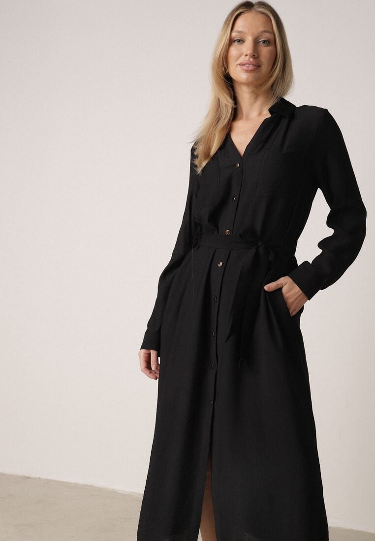 Czarna Sukienka Koszulowa z Wiskozą z Wiązanym Paskiem Lustilla 2