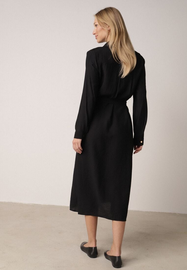 Czarna Sukienka Koszulowa z Wiskozą z Wiązanym Paskiem Lustilla 3