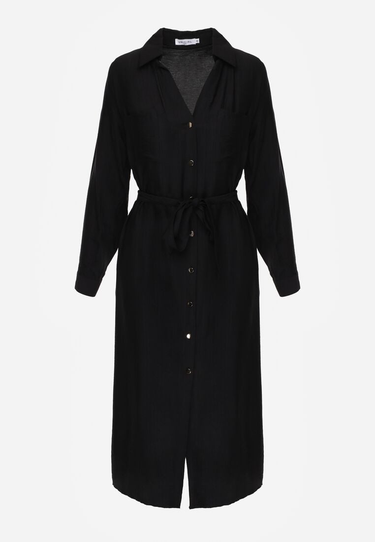 Czarna Sukienka Koszulowa z Wiskozą z Wiązanym Paskiem Lustilla 6