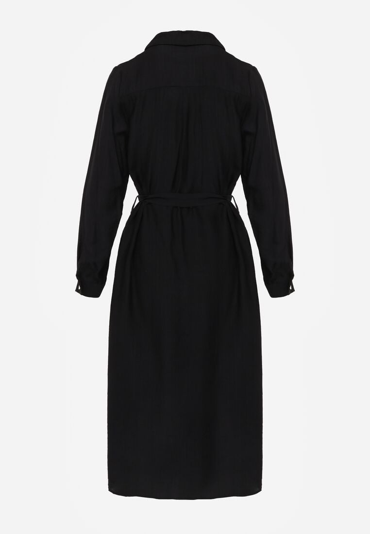 Czarna Sukienka Koszulowa z Wiskozą z Wiązanym Paskiem Lustilla 7