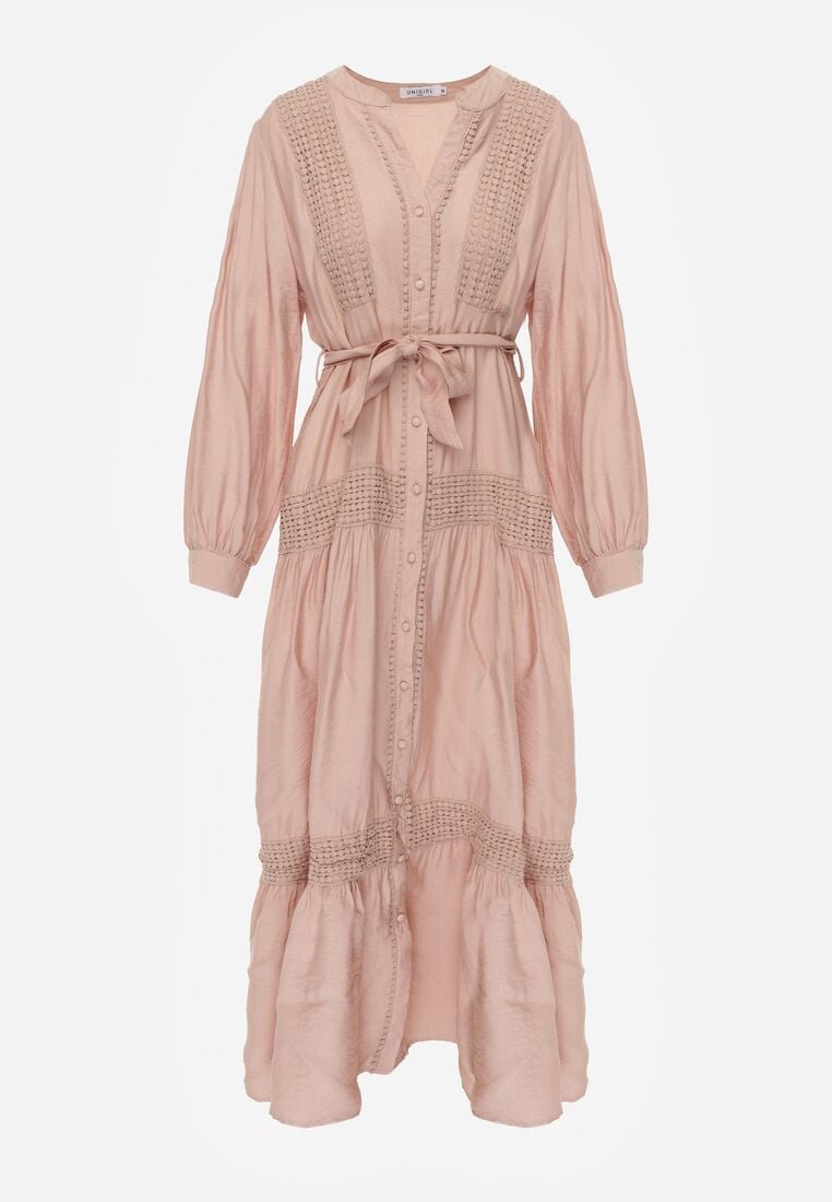 Jasnoróżowa Rozkloszowana Sukienka z Wiskozy z Wiązanym Paskiem i Koronką Reivoria 6