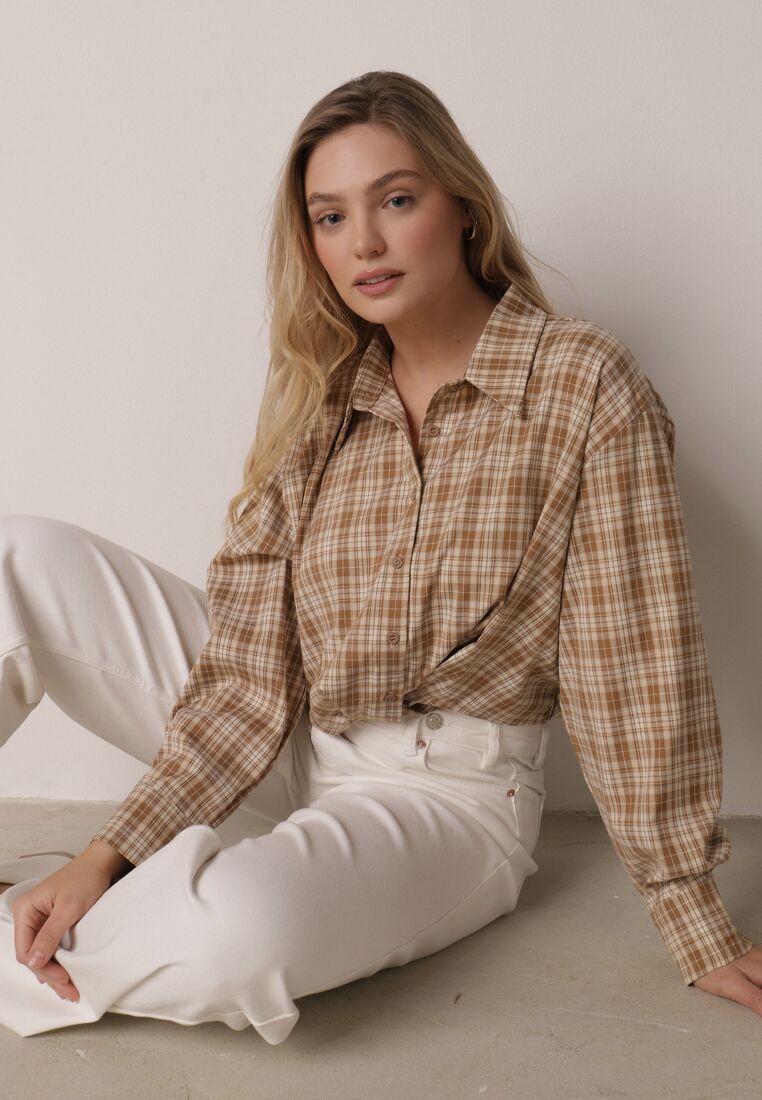 Beżowa Krótka Bawełniana Koszula w Kratę z Marszczeniem Wenatia 1