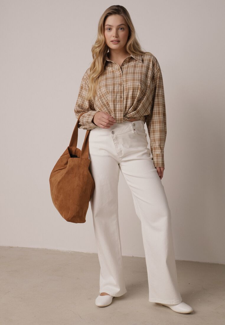 Beżowa Krótka Bawełniana Koszula w Kratę z Marszczeniem Wenatia 2