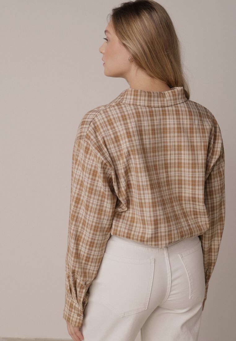 Beżowa Krótka Bawełniana Koszula w Kratę z Marszczeniem Wenatia 3