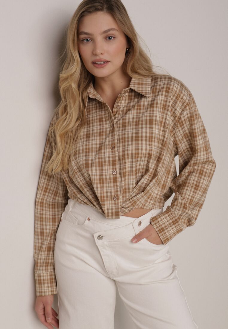 Beżowa Krótka Bawełniana Koszula w Kratę z Marszczeniem Wenatia 4