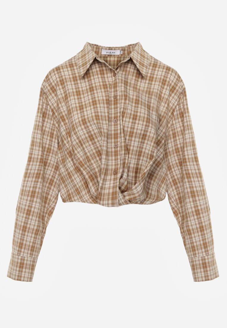 Beżowa Krótka Bawełniana Koszula w Kratę z Marszczeniem Wenatia 6