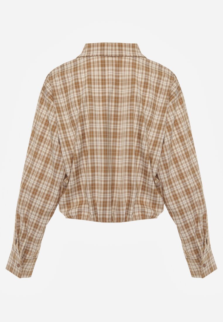 Beżowa Krótka Bawełniana Koszula w Kratę z Marszczeniem Wenatia 7