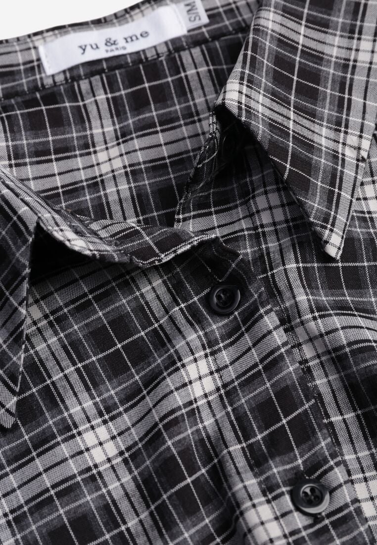 Czarna Krótka Bawełniana Koszula w Kratę z Marszczeniem Wenatia 8